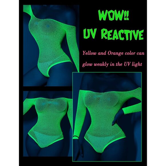 Women Yellow 1 Lingerie Fishnet Teddy Sparkle Rhinestone One Piece Mesh Bodysuit - Picture 4 of 4